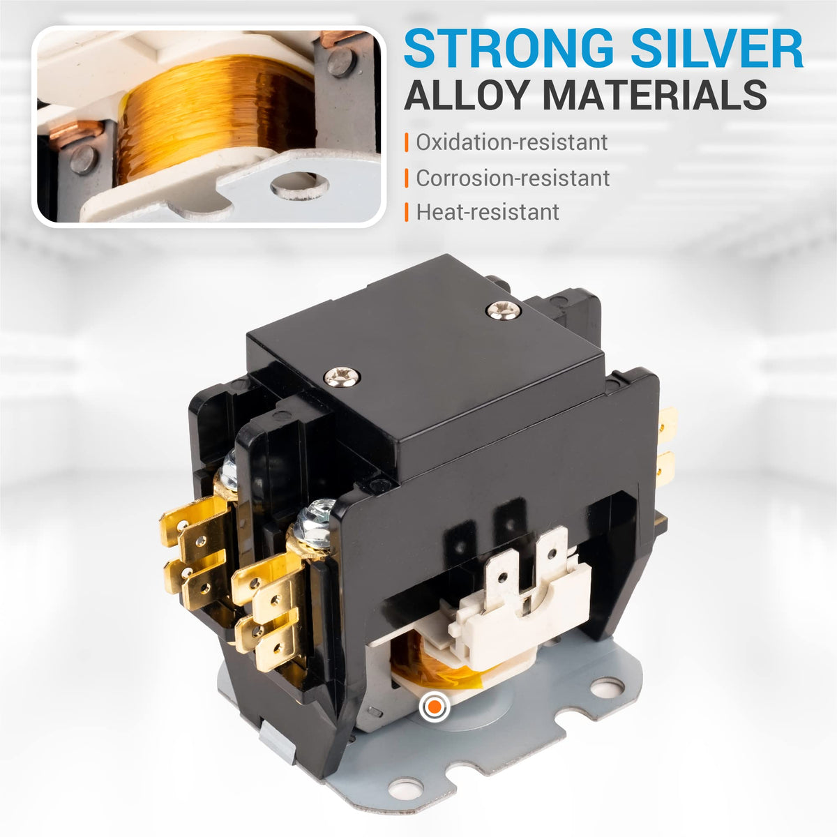 30 Amp 2-pole contactor with silver alloy coil and terminals for HVAC and refrigeration systems.