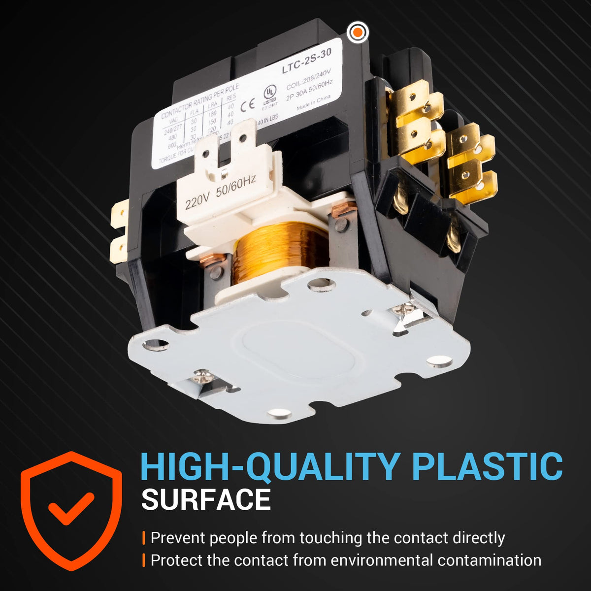 30 Amp 2-pole contactor with 240VAC coil for HVAC and refrigeration systems, close-up view of protective housing.