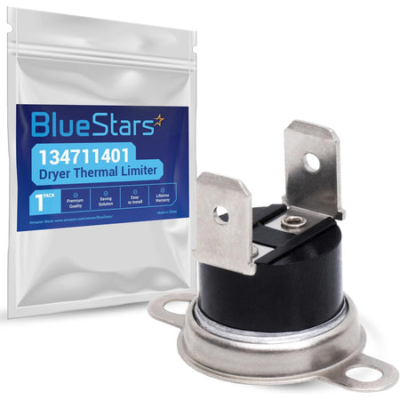 134711401 Dryer Thermal Limiter shown beside its BlueStars package, with two terminals and mounting tabs visible