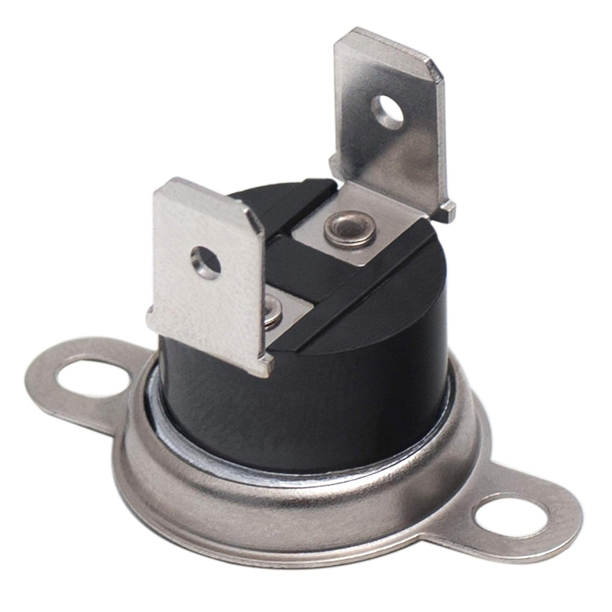 134711401 dryer thermal limiter replacement part with two metal terminals and mounting bracket.