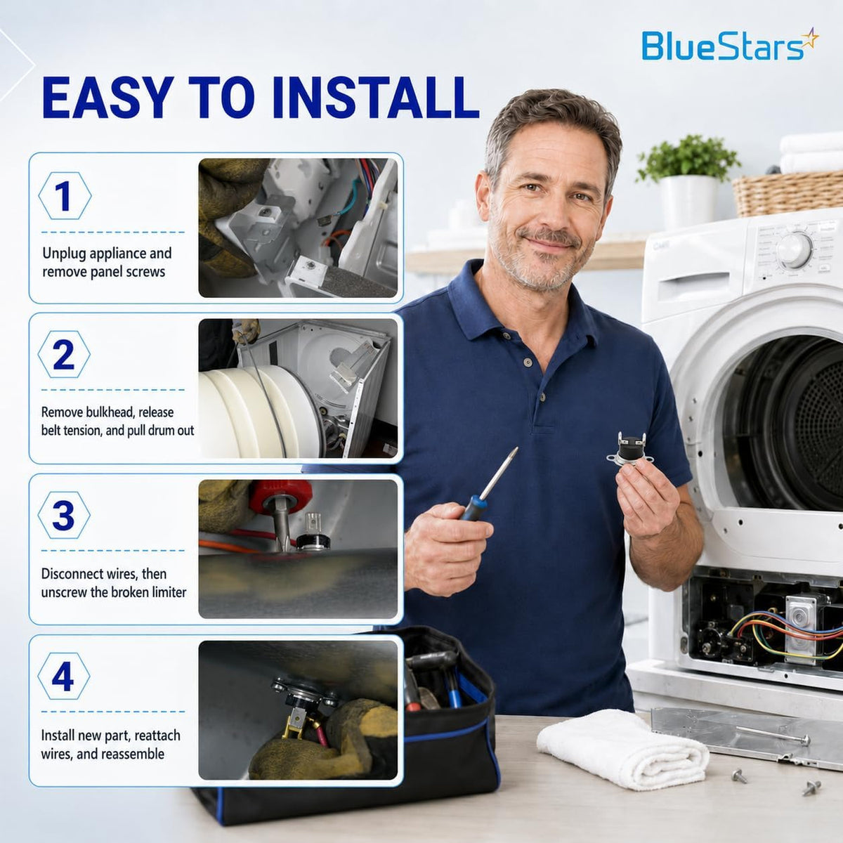 134711401 Dryer Thermal Limiter installation guide showing four replacement steps, technician holding the part beside an open
