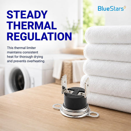134711401 Dryer Thermal Limiter, standalone on a tabletop beside folded towels