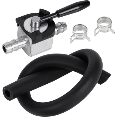 1/4 inch inline fuel shut off valve kit with fuel line and hose clamps for lawn mowers.