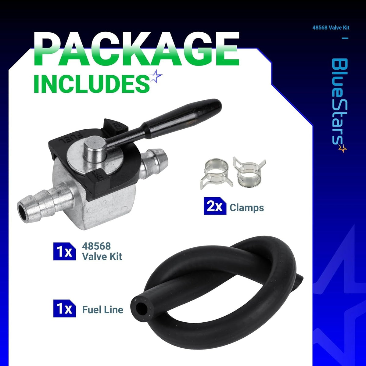 48568 1/4 inch inline fuel shut off valve kit including fuel line and two clamps for lawn mower engines.