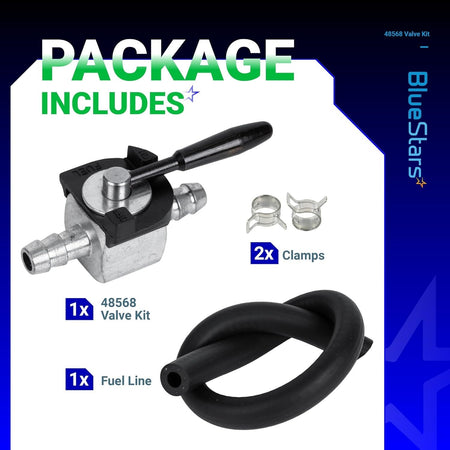 48568 1/4 inch inline fuel shut off valve kit including fuel line and two clamps for lawn mower engines.
