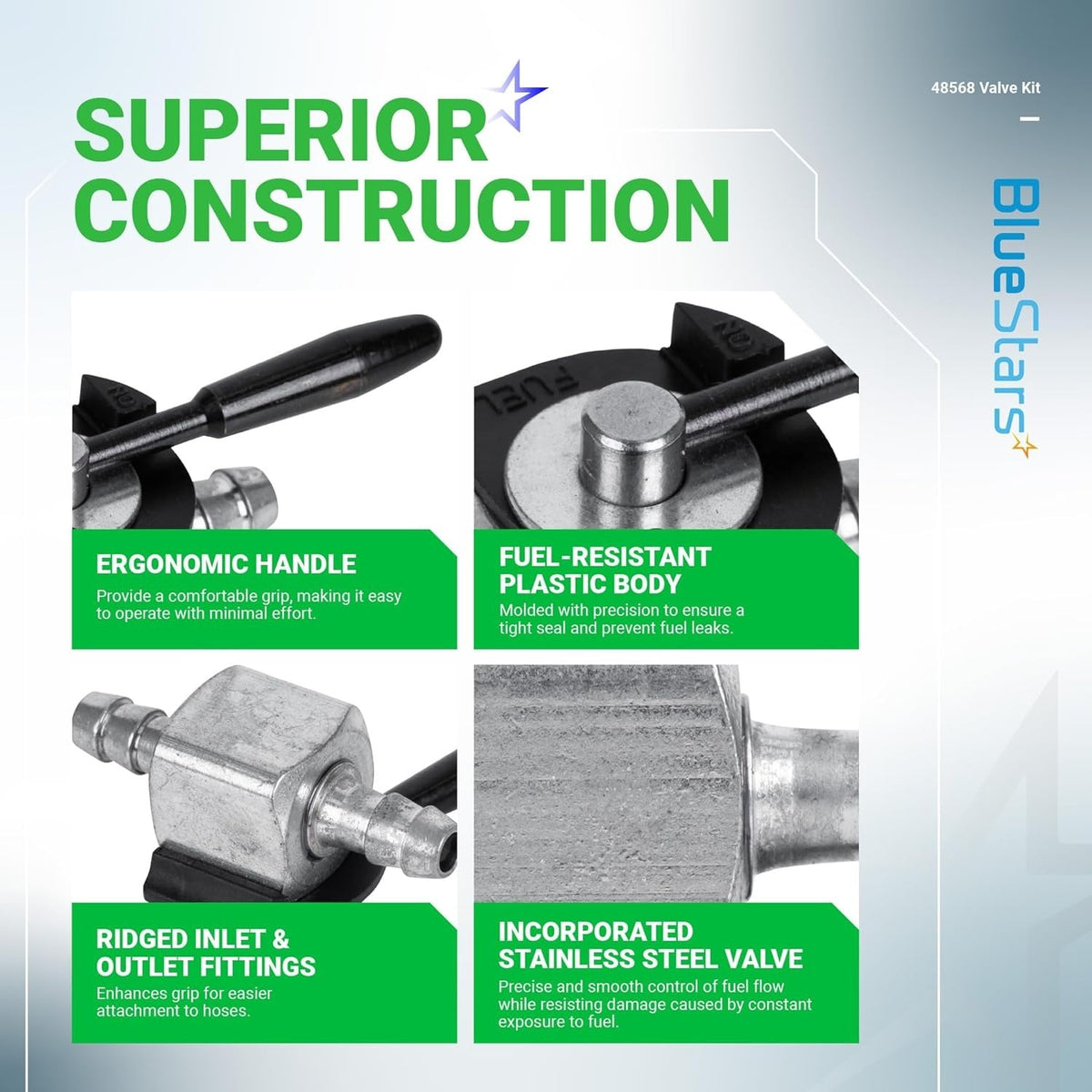 Infographic showing features of 48568 1/4" inline fuel shut off valve, including handle, body, and ridged fittings.