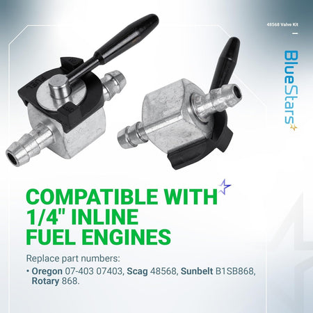Two 1/4" inline fuel shut off valves for lawn mower engines, compatible with Scag 48568 and Oregon 07-403.