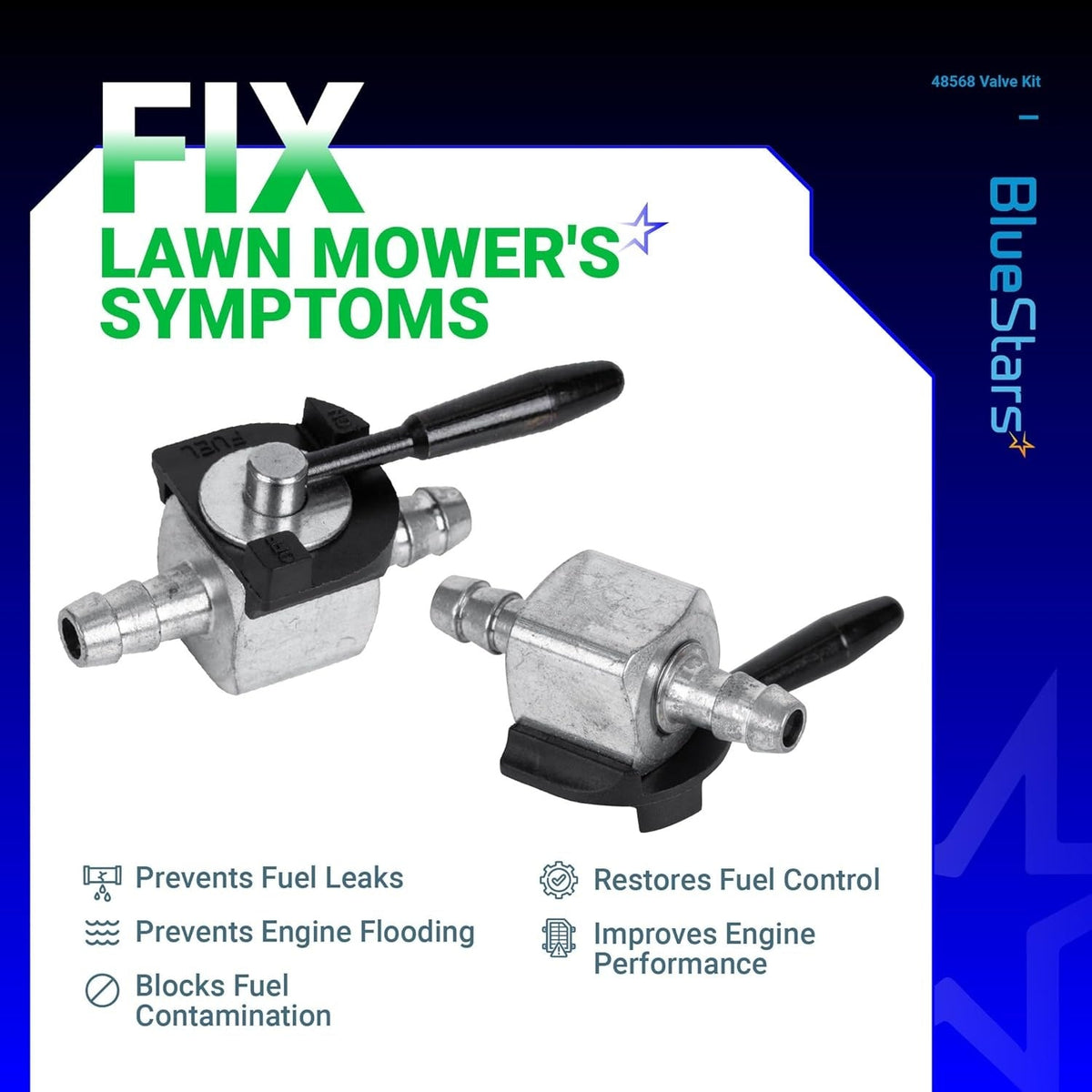 Two 48568 1/4 inch inline fuel shut off valves for lawn mower fuel lines with black handles.