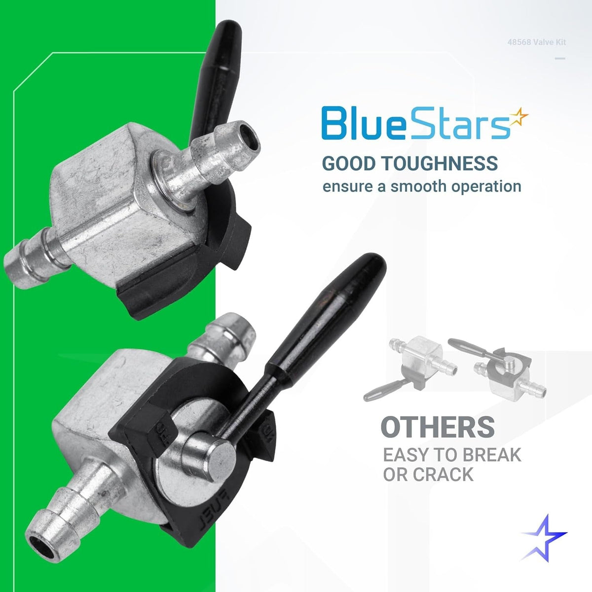 Two 48568 1/4 inch inline fuel shut off valves with black handles shown in a product comparison graphic.