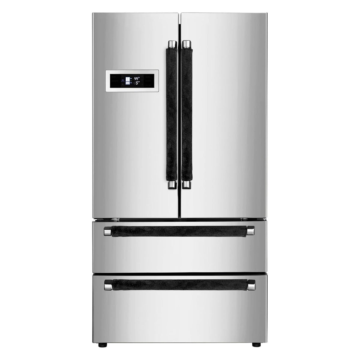 Black refrigerator door handle covers installed on a stainless steel French door fridge.