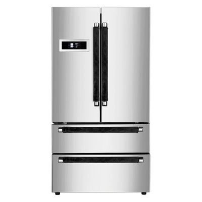 Black refrigerator door handle covers installed on a stainless steel French door fridge.