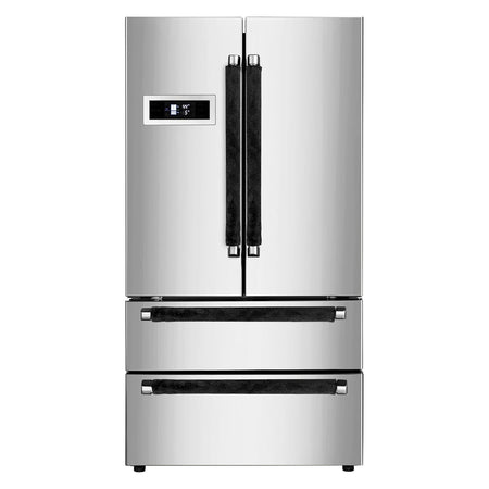 Black refrigerator door handle covers installed on a stainless steel French door fridge.