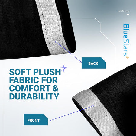 Close-up view of black refrigerator door handle cover showing soft plush fabric texture and velcro fastening strip.