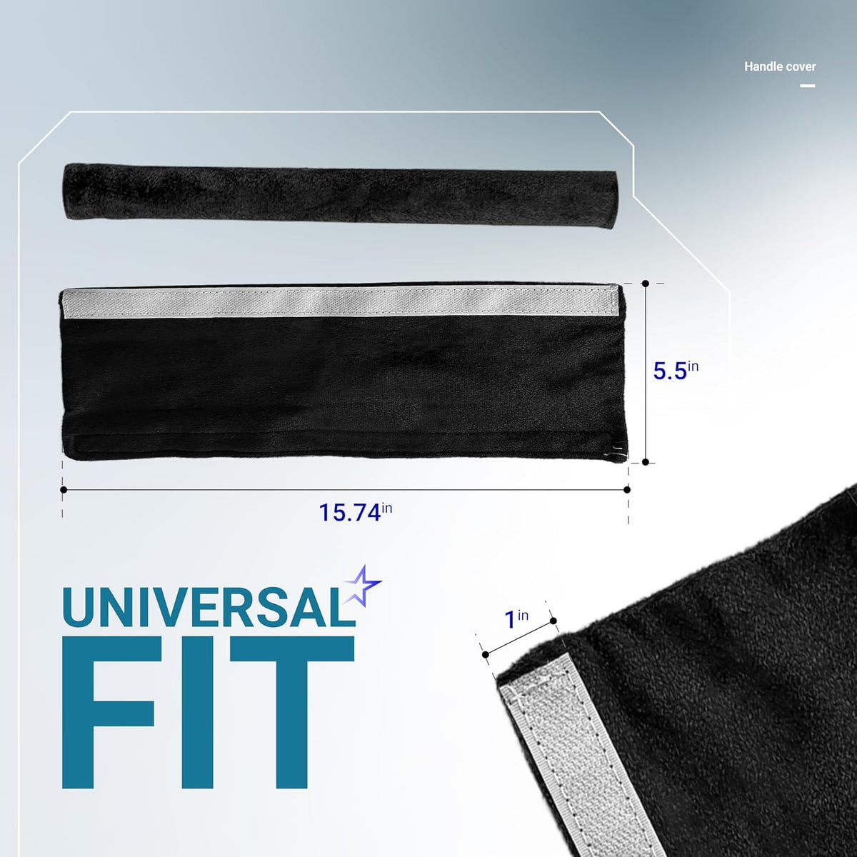 Black refrigerator door handle cover showing 15.74-inch by 5.5-inch dimensions and 1-inch thickness for universal fit.