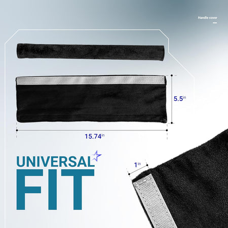 Black refrigerator door handle cover showing 15.74-inch by 5.5-inch dimensions and 1-inch thickness for universal fit.