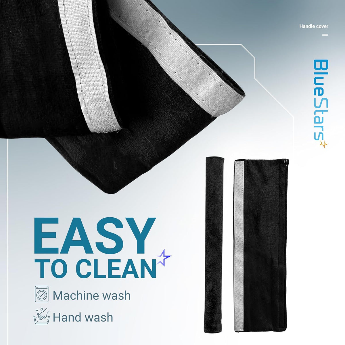Close-up of black refrigerator door handle covers with velcro strips, highlighting easy machine and hand wash cleaning.