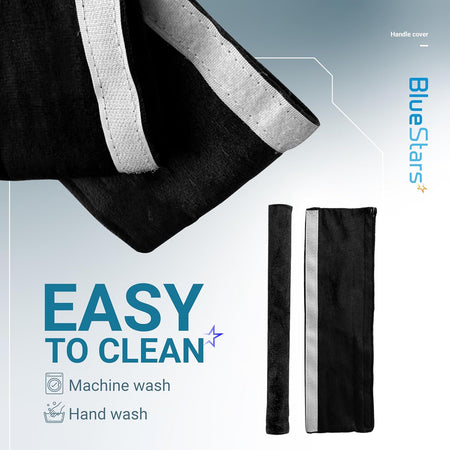 Close-up of black refrigerator door handle covers with velcro strips, highlighting easy machine and hand wash cleaning.