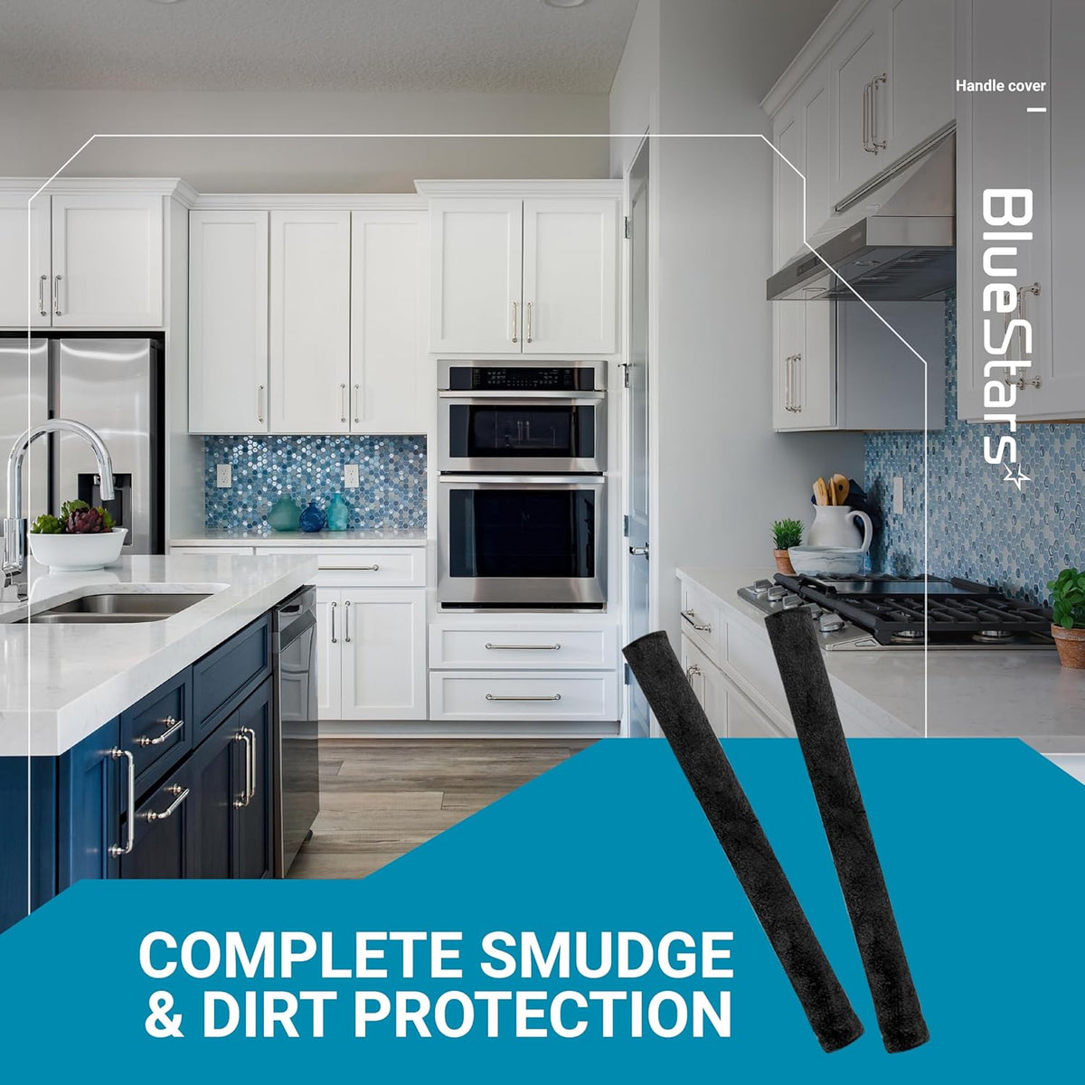 Two black refrigerator door handle covers displayed over a modern kitchen background for smudge protection.
