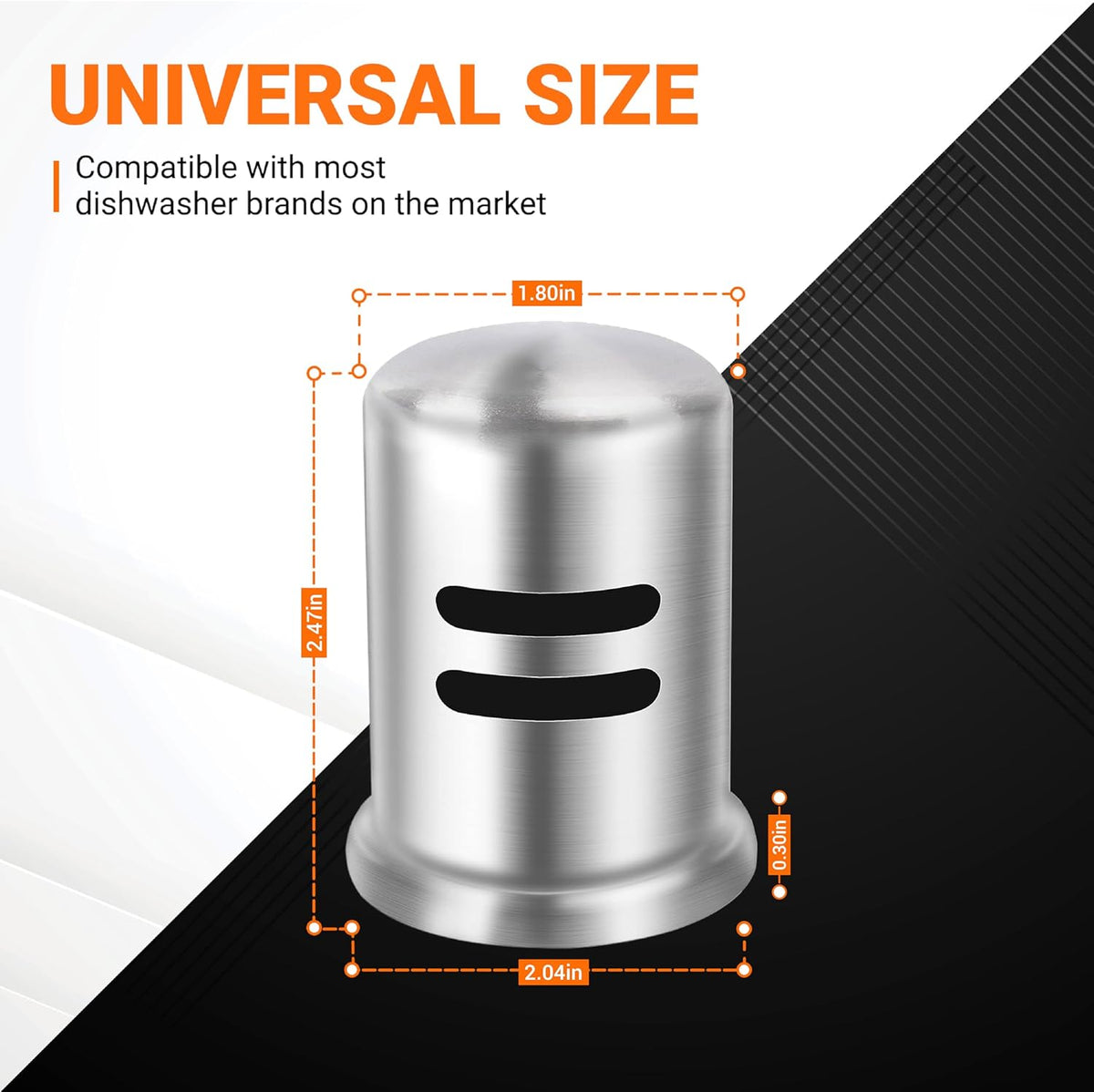 Stainless steel dishwasher air gap cover showing 2.47-inch height and universal dimensions diagram.