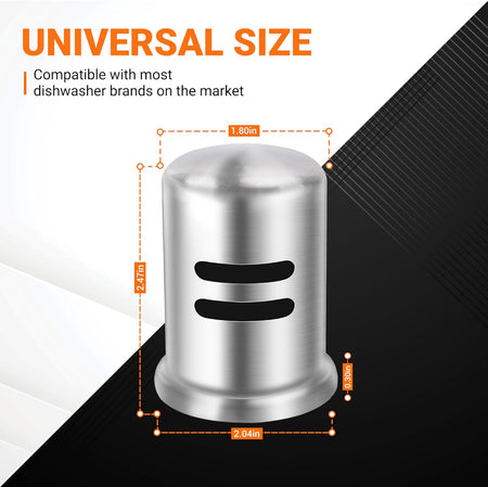 Stainless steel dishwasher air gap cover showing 2.47-inch height and universal dimensions diagram.