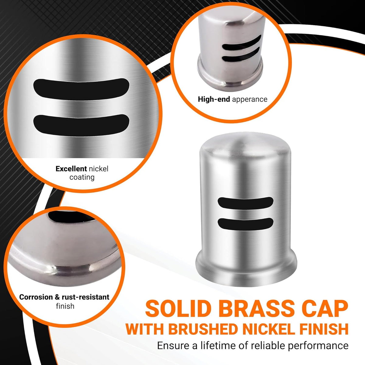 Dishwasher stainless steel air gap cover with brushed nickel finish and close-up detail views.