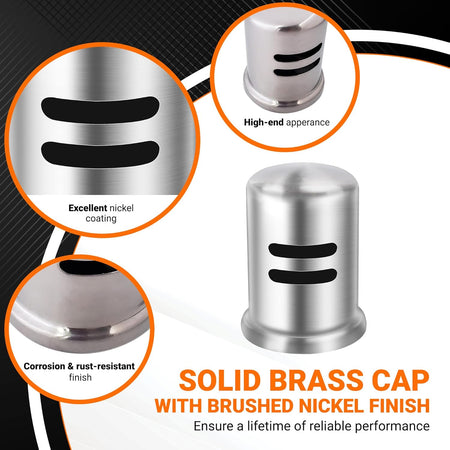 Dishwasher stainless steel air gap cover with brushed nickel finish and close-up detail views.