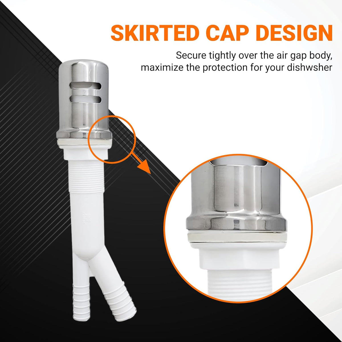 Close-up of dishwasher stainless steel air gap cover showing the secure skirted cap design on the air gap body.