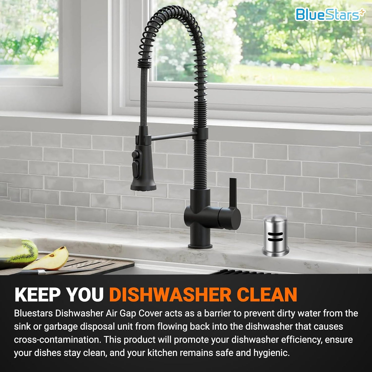Stainless steel dishwasher air gap cover installed on a kitchen countertop next to a black faucet.