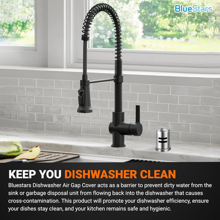 Stainless steel dishwasher air gap cover installed on a kitchen countertop next to a black faucet.