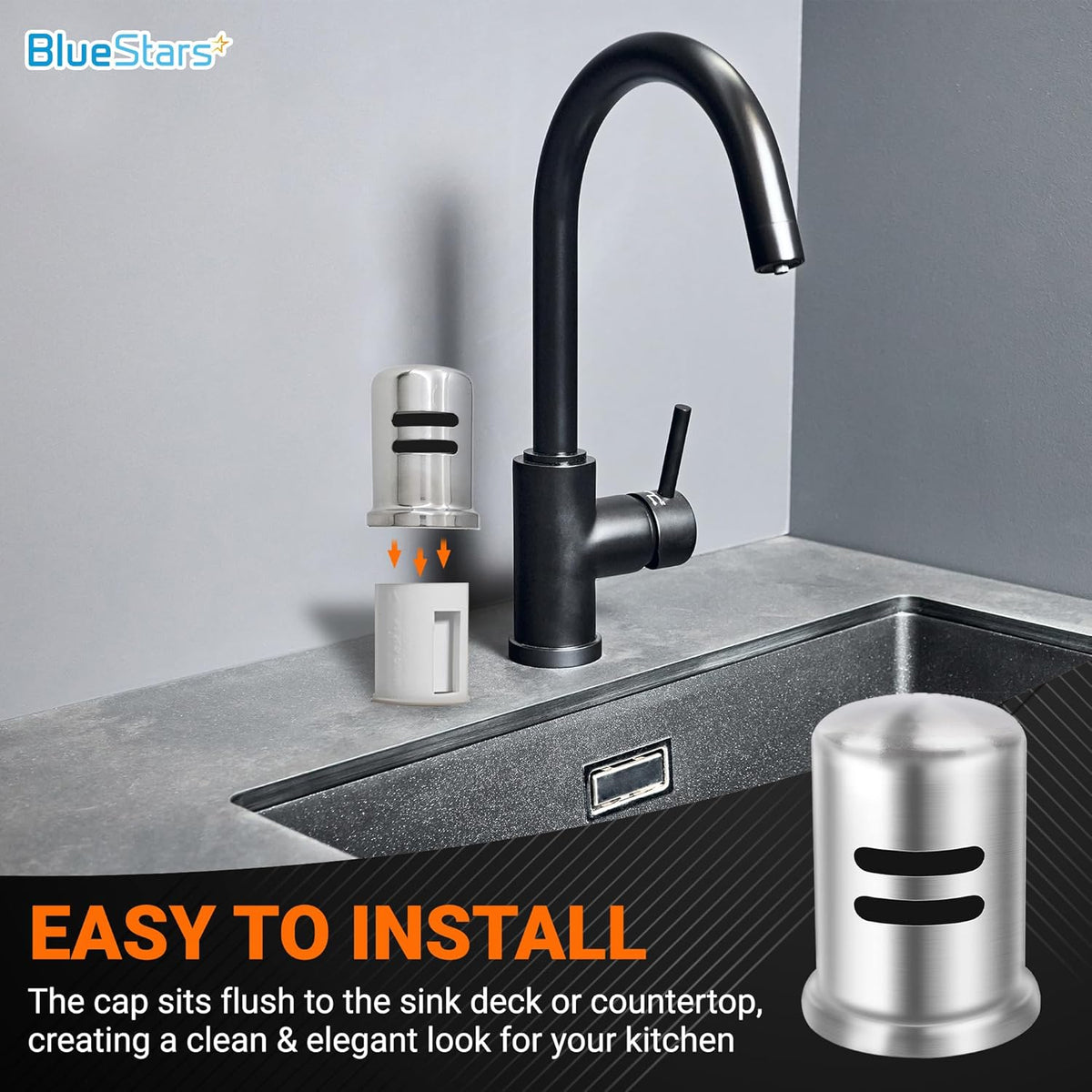 Stainless steel dishwasher air gap cover being installed on a kitchen sink countertop.