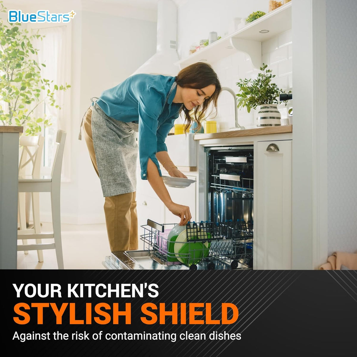 Woman loading a dishwasher in a kitchen to demonstrate the need for a stainless steel air gap cover.