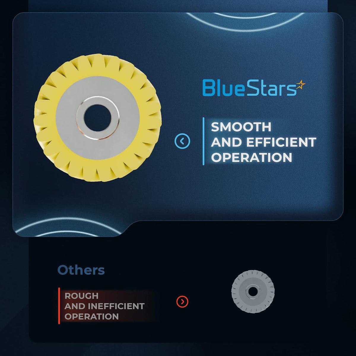 Comparison graphic showing a yellow W10112253 mixer worm gear for smooth operation versus a standard gear.
