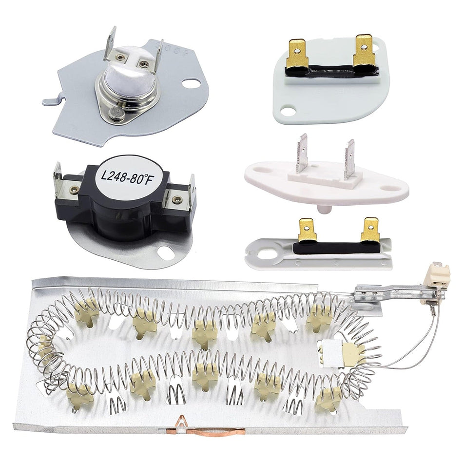 WP3387747 dryer heating element kit with replacement thermal fuses and thermostats for Whirlpool and Kenmore dryers.