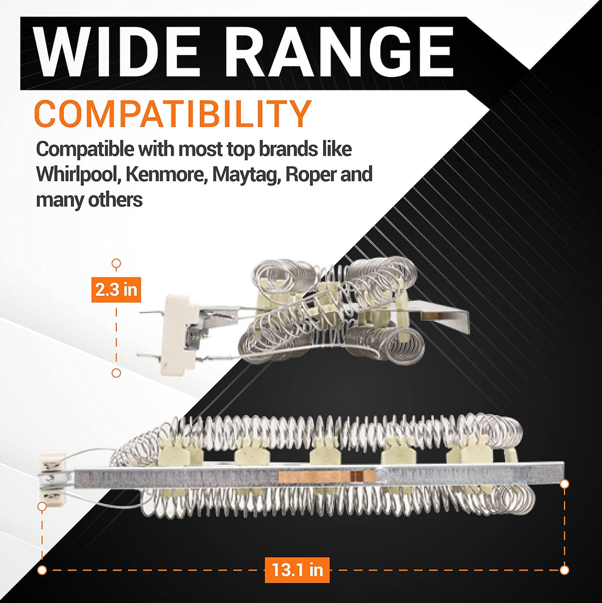 WP3387747 dryer heating element showing dimensions of 13.1 inches by 2.3 inches for Whirlpool and Kenmore compatibility.