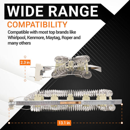 WP3387747 dryer heating element showing dimensions of 13.1 inches by 2.3 inches for Whirlpool and Kenmore compatibility.