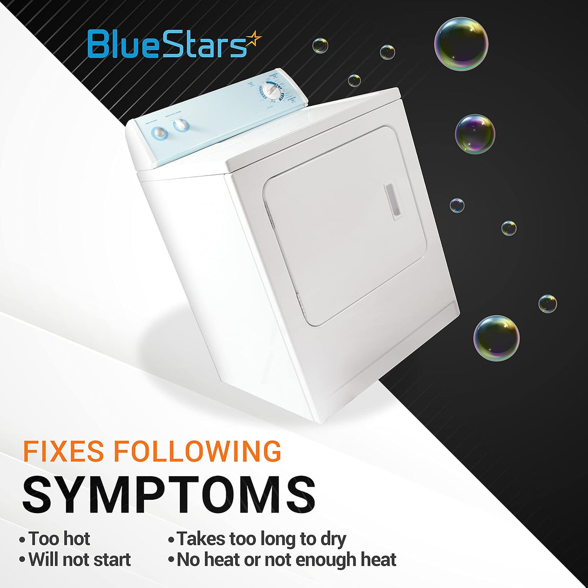 White clothes dryer illustrating symptoms fixed by WP3387747 heating element kit for Whirlpool and Kenmore dryers.