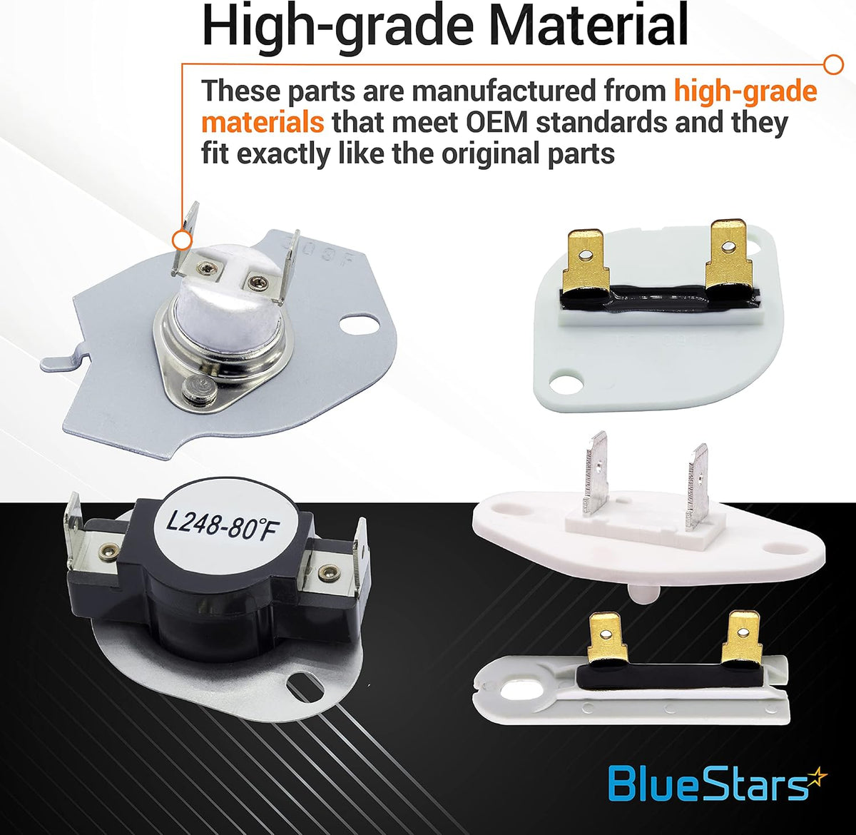 Replacement thermal fuse and thermostat kit for Whirlpool and Kenmore dryers showing high-grade construction.