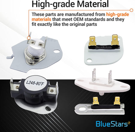 Replacement thermal fuse and thermostat kit for Whirlpool and Kenmore dryers showing high-grade construction.