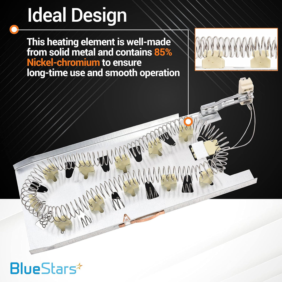 WP3387747 dryer heating element assembly with nickel-chromium coil and ceramic insulators.
