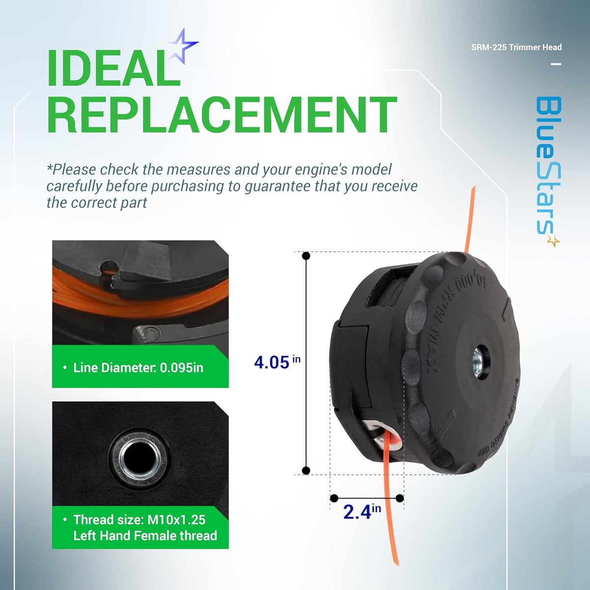 SRM-225 Speed Feed 400 trimmer head showing dimensions, 0.095-inch line diameter, and M10x1.25 left-hand thread.