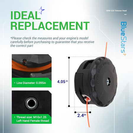 SRM-225 Speed Feed 400 trimmer head showing dimensions, 0.095-inch line diameter, and M10x1.25 left-hand thread.
