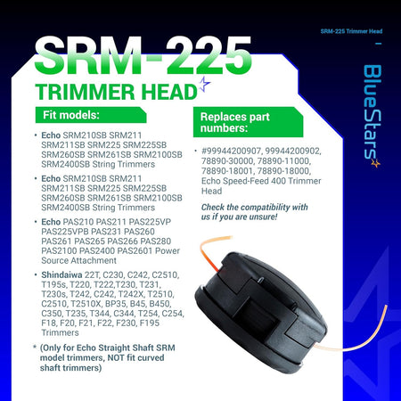 Infographic showing SRM-225 Speed Feed 400 trimmer head with compatibility list and replacement part numbers.