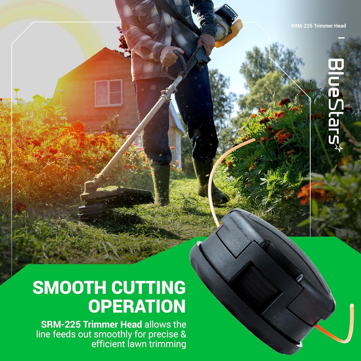 SRM-225 Speed Feed 400 trimmer head shown in a lifestyle graphic demonstrating smooth lawn cutting operation.
