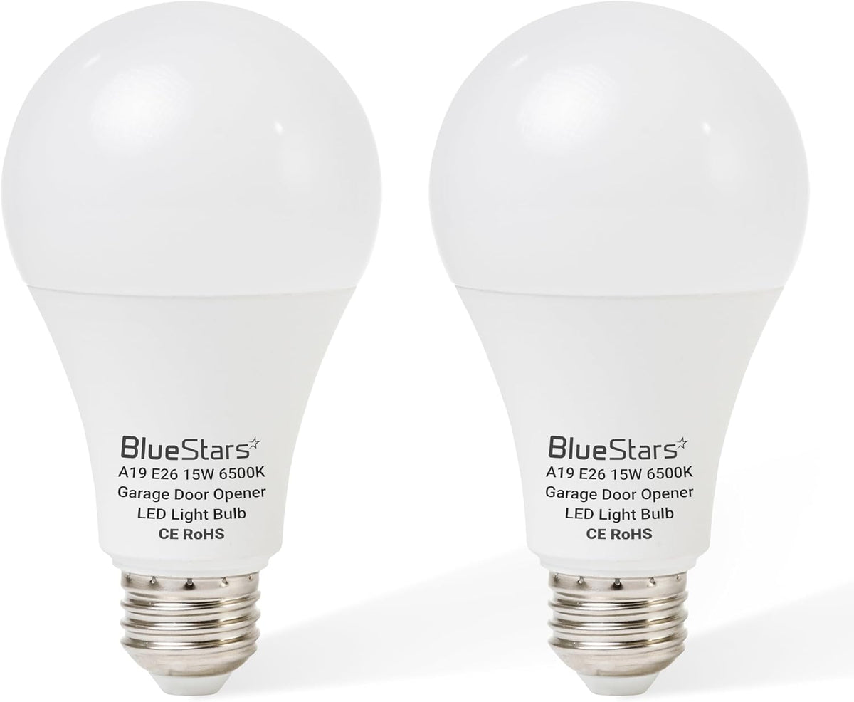Two 15W A19 LED garage door opener light bulbs with E26 bases.