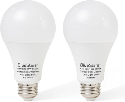Two 15W A19 LED garage door opener light bulbs with E26 bases.