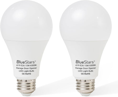 Two 15W A19 LED garage door opener light bulbs with E26 bases.