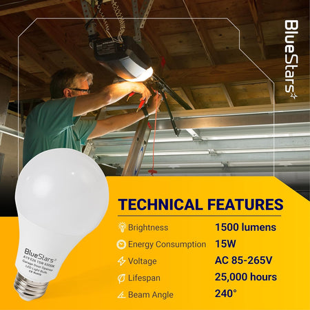 15W A19 LED garage door opener light bulb with E26 base and technical specification chart.
