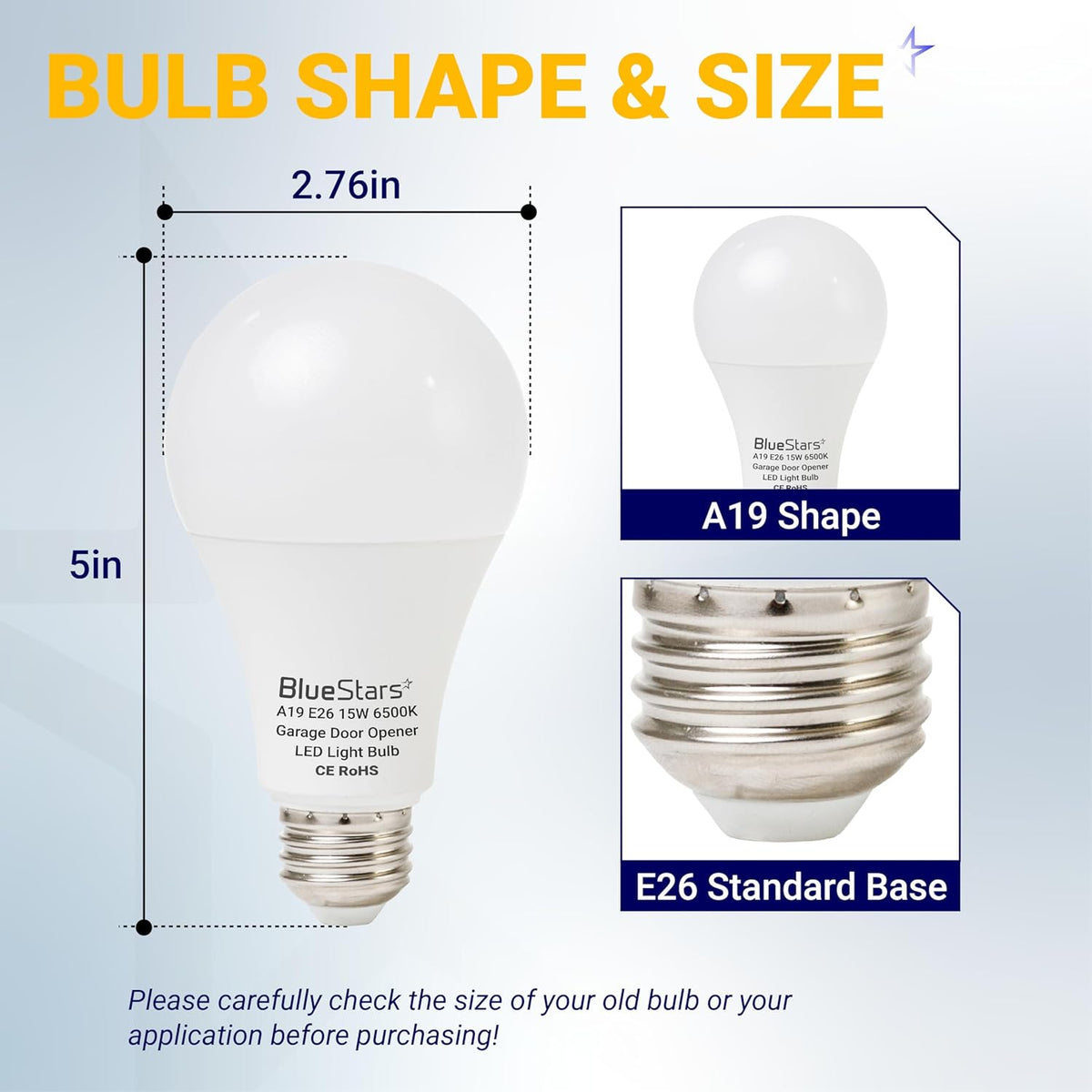 Diagram showing dimensions and E26 base details for 15W A19 garage door opener LED light bulb.