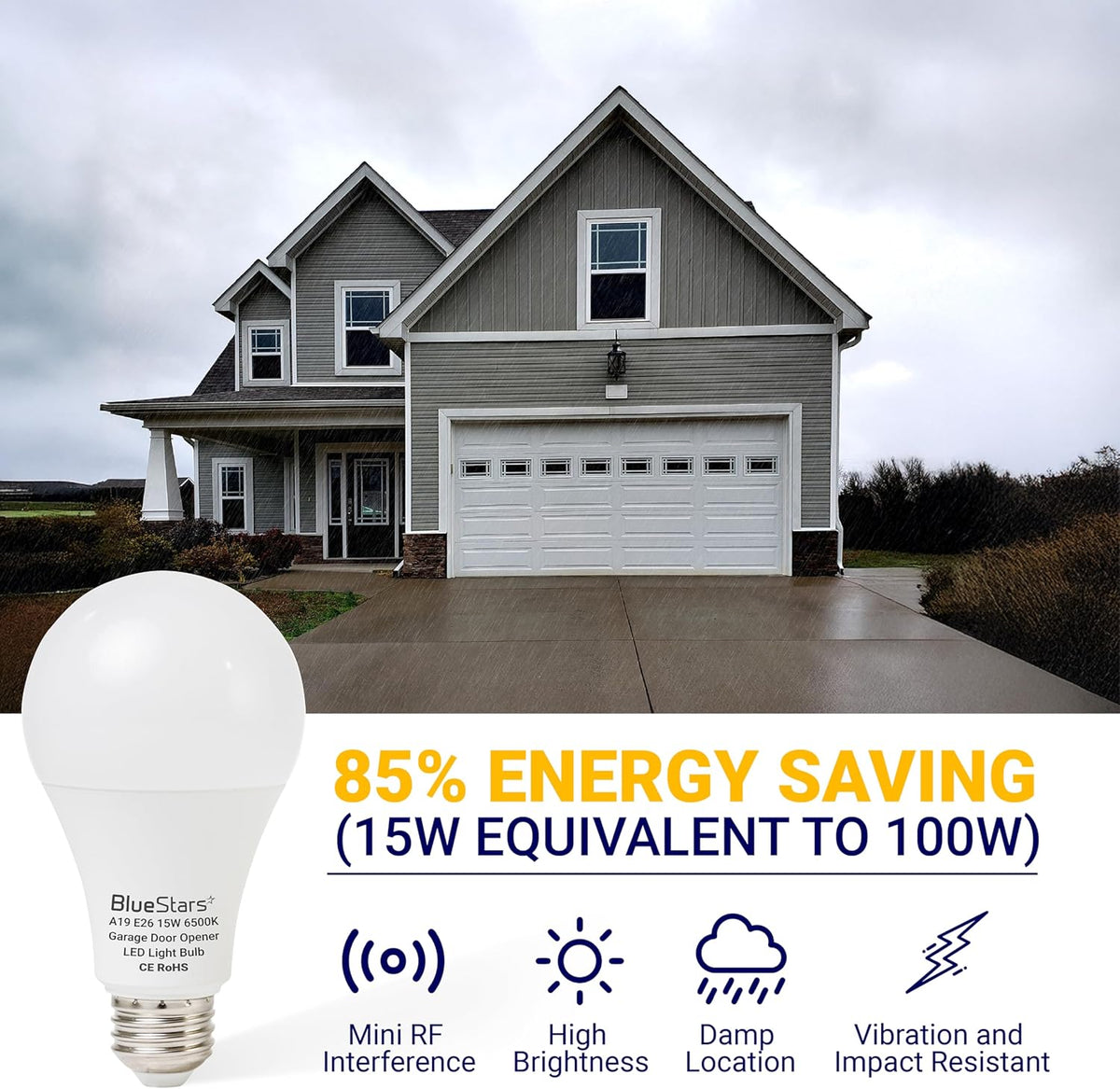 15W universal garage door opener LED light bulb with energy-saving features and A19 E26 base.