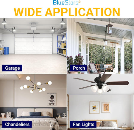 Collage showing universal LED light bulb applications in garages, porches, chandeliers, and ceiling fan lights.